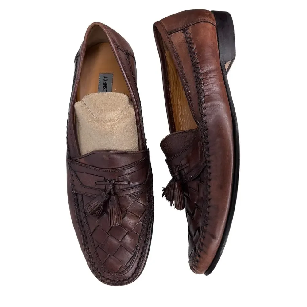 1990s Johnston & Murphy Brown Leather Preppy Woven Tassel Loafers Men’s 10.5M